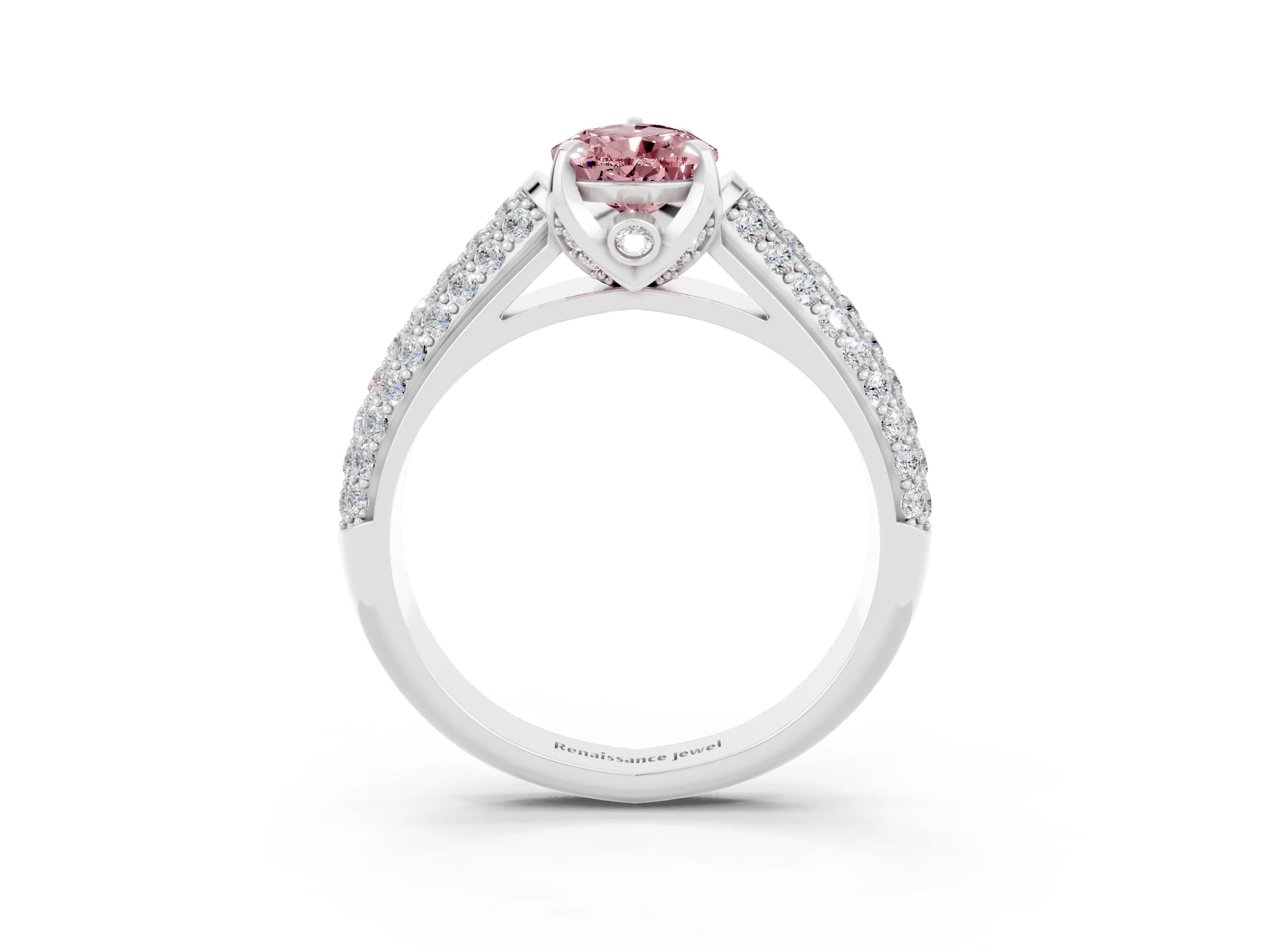 White gold Pear Cut Morganite Solitaire Ring with Three-Row Pavé Band and Four-Prong Setting_15
