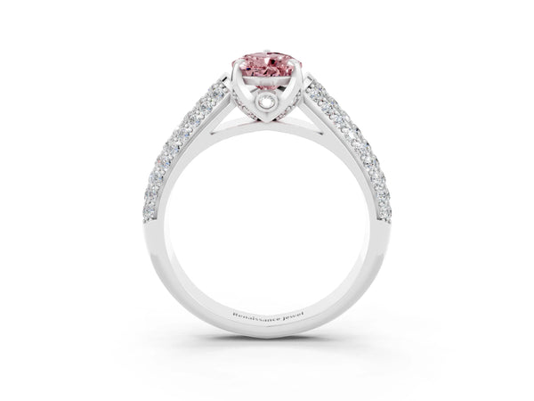 Silver Pear Cut Morganite Solitaire Ring with Three-Row Pavé Band and Four-Prong Setting