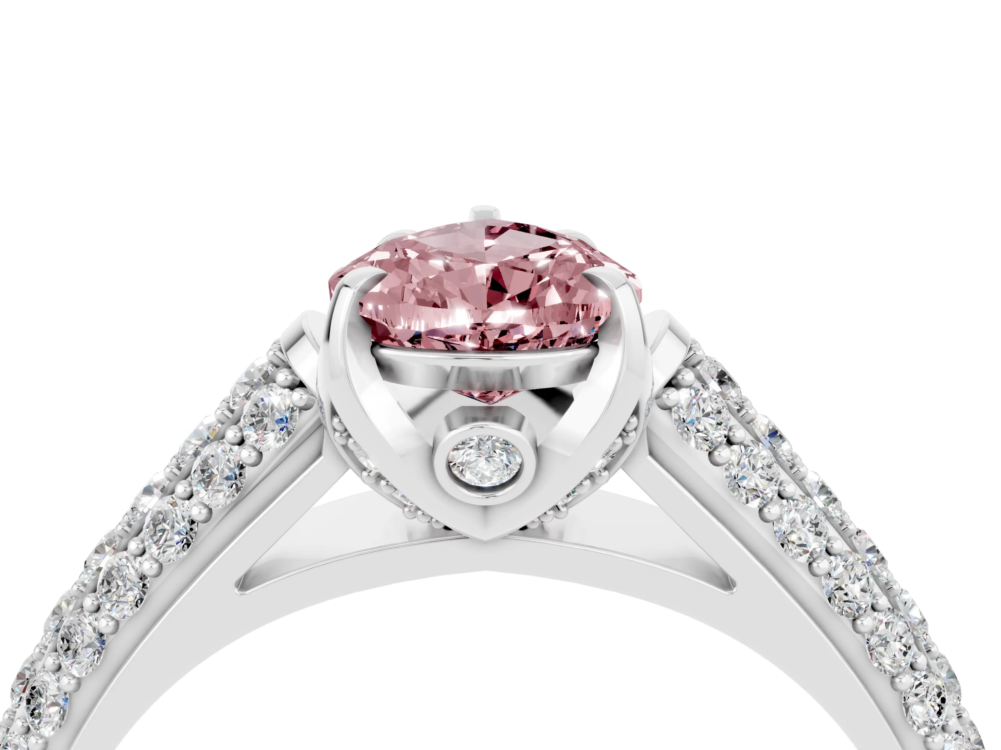 White gold Pear Cut Morganite Solitaire Ring with Three-Row Pavé Band and Four-Prong Setting_16