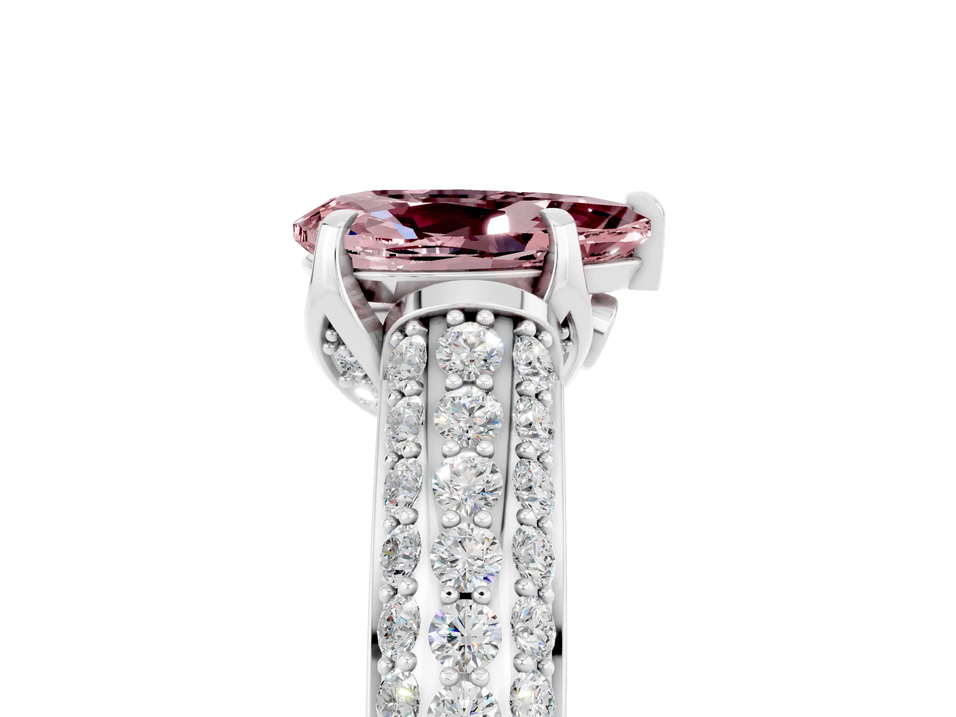 White gold Pear Cut Morganite Solitaire Ring with Three-Row Pavé Band and Four-Prong Setting_17