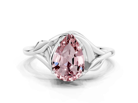 White gold Pear Cut Morganite Solitaire Ring with Twist Band and Four-Prong Setting_12
