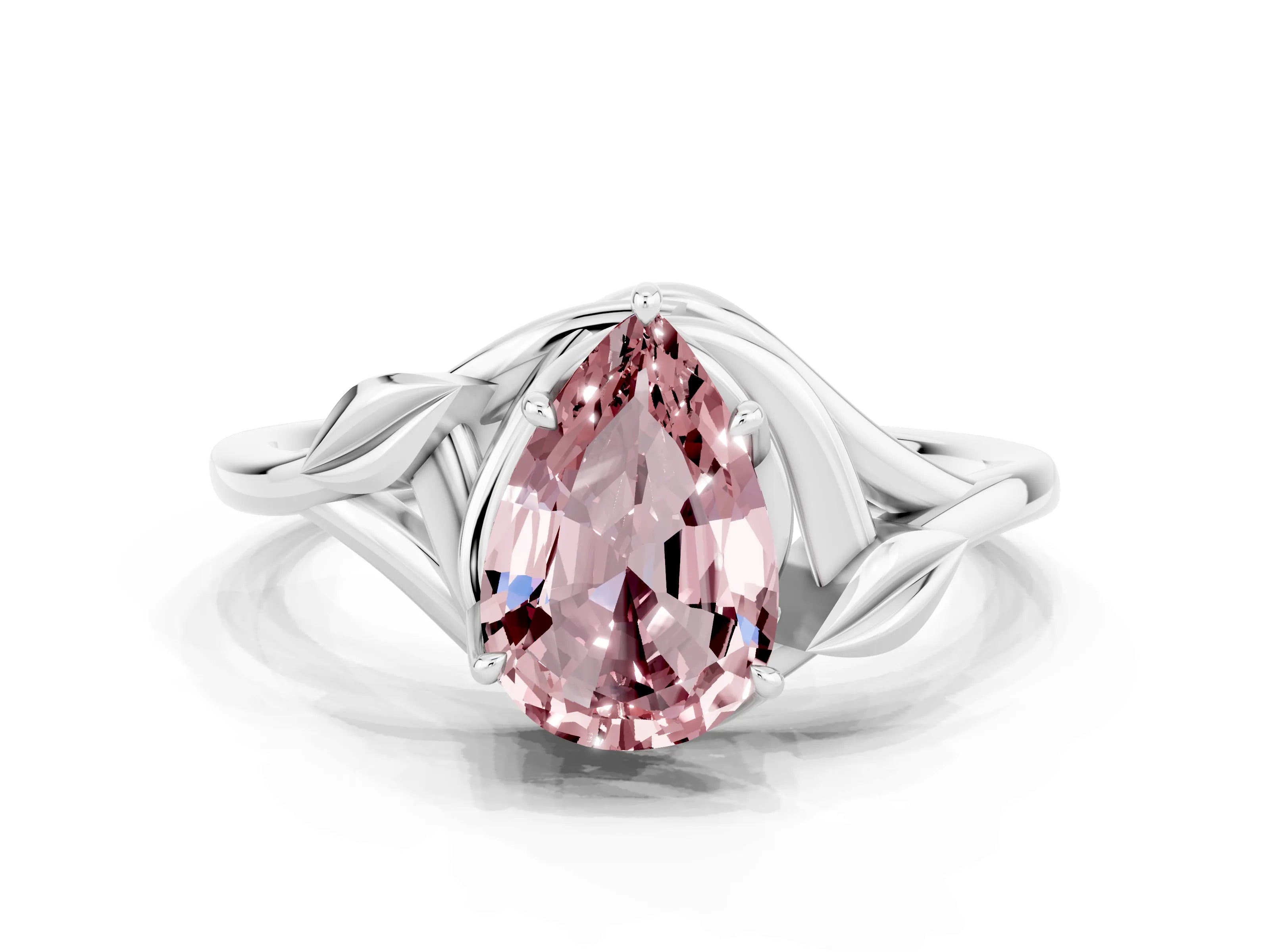 White gold Pear Cut Morganite Solitaire Ring with Twist Band and Four-Prong Setting_36