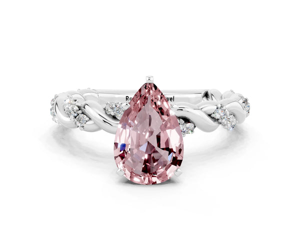 Platinum Pear Cut Morganite Solitaire Ring with Twisted Band and Pavé Accents