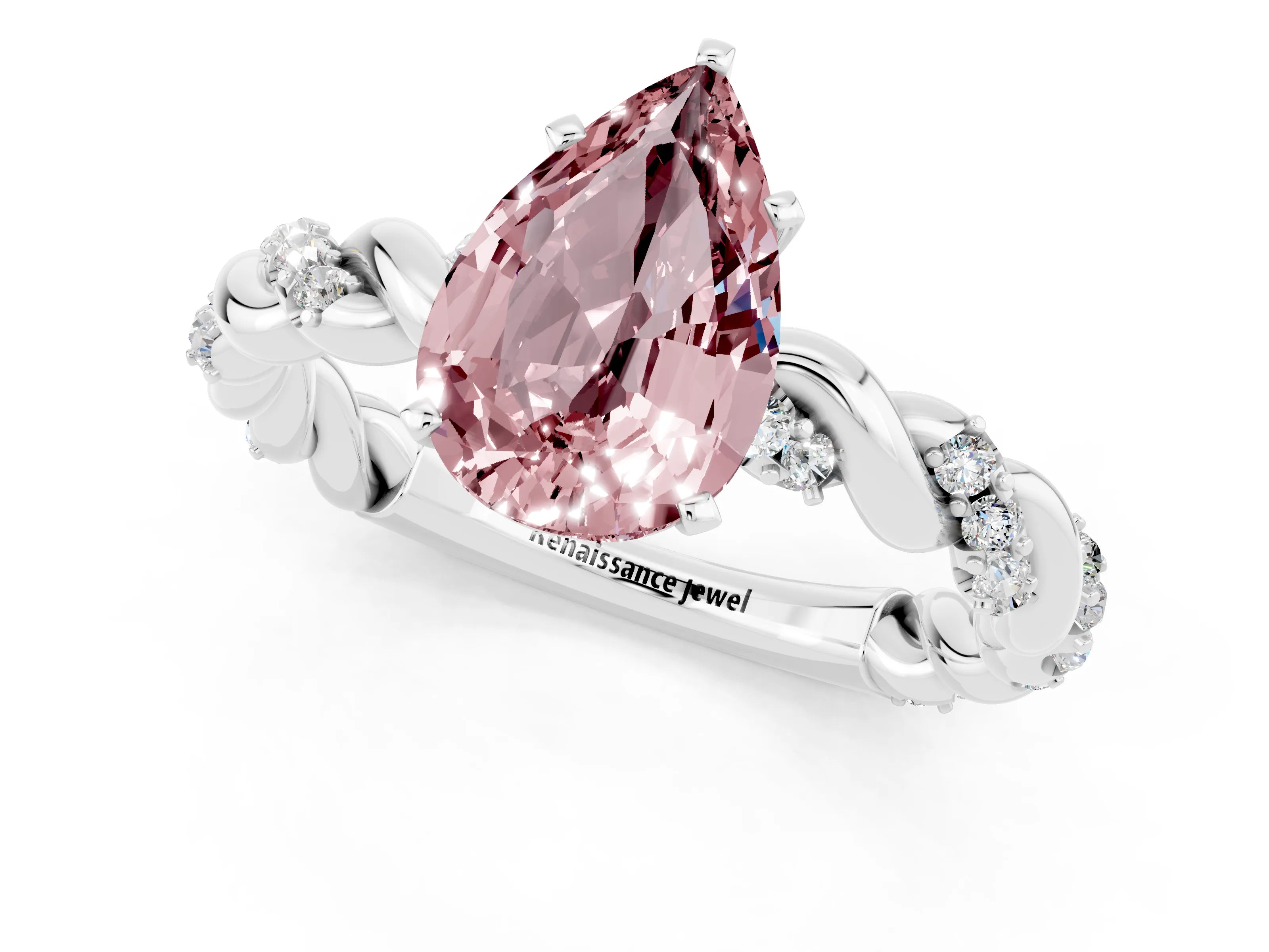 White gold Pear Cut Morganite Solitaire Ring with Twisted Band and Pavé Accents_1