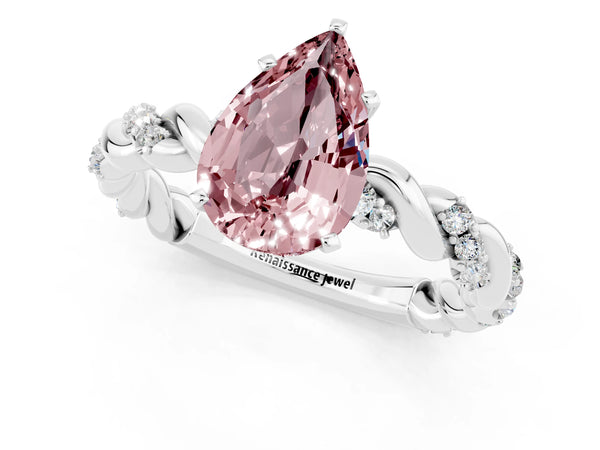 Silver Pear Cut Morganite Solitaire Ring with Twisted Band and Pavé Accents