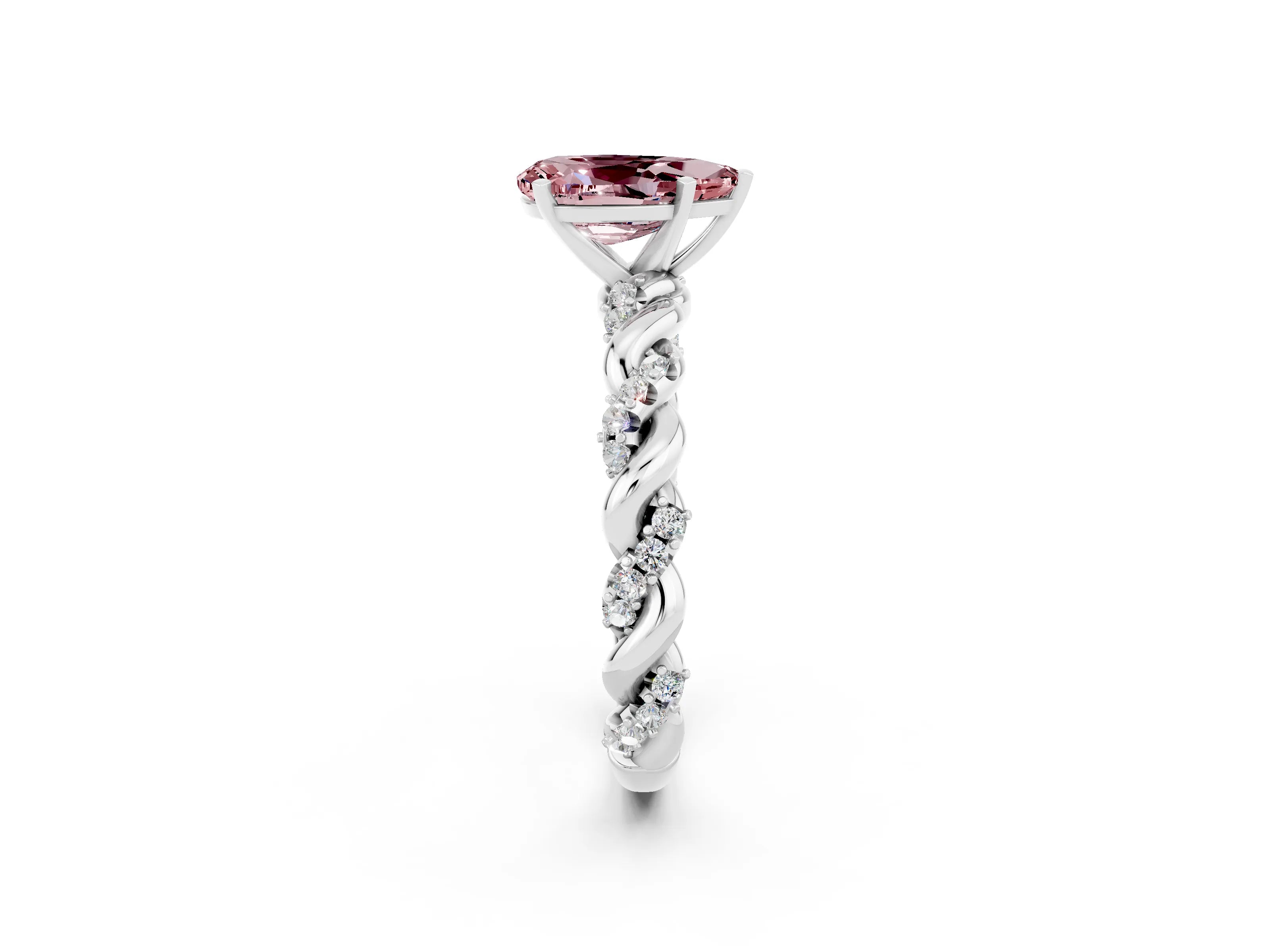 White gold Pear Cut Morganite Solitaire Ring with Twisted Band and Pavé Accents_2