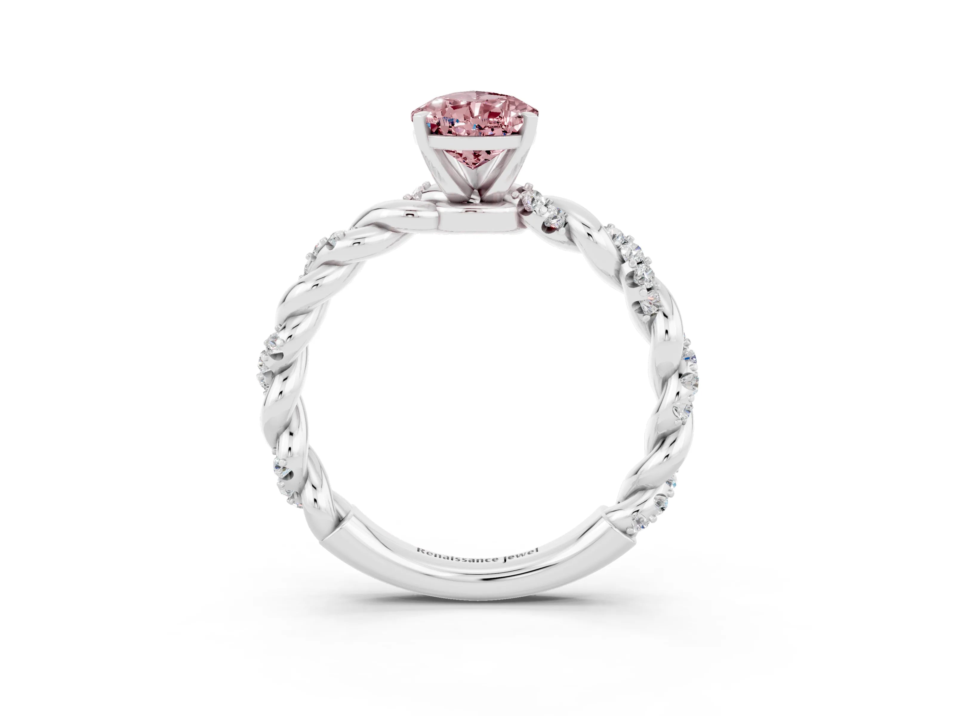 White gold Pear Cut Morganite Solitaire Ring with Twisted Band and Pavé Accents_3