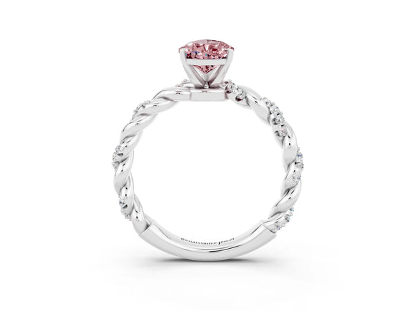 Platinum Pear Cut Morganite Solitaire Ring with Twisted Band and Pavé Accents