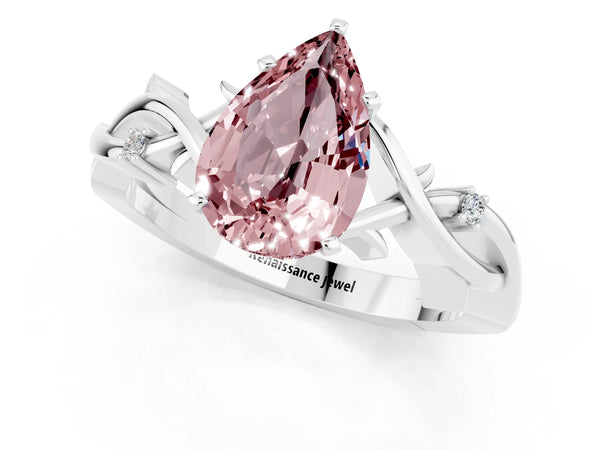 Platinum Pear Cut Morganite Solitaire Ring with Twisted Band and Prong Setting