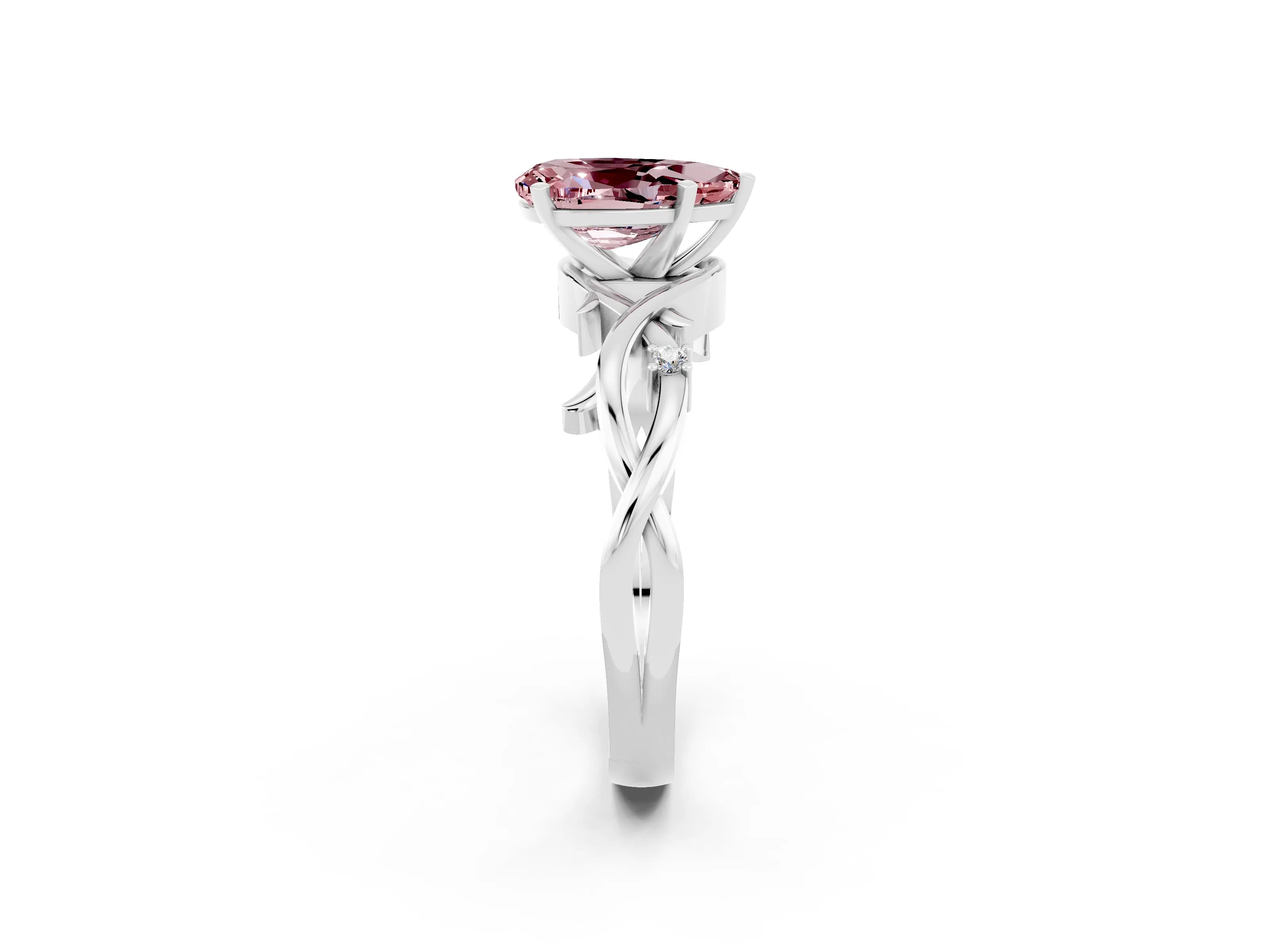 White gold Pear Cut Morganite Solitaire Ring with Twisted Band and Prong Setting_2