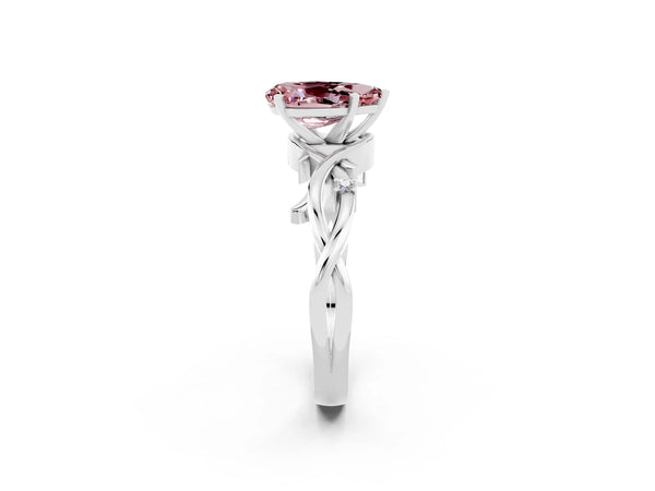 Platinum Pear Cut Morganite Solitaire Ring with Twisted Band and Prong Setting