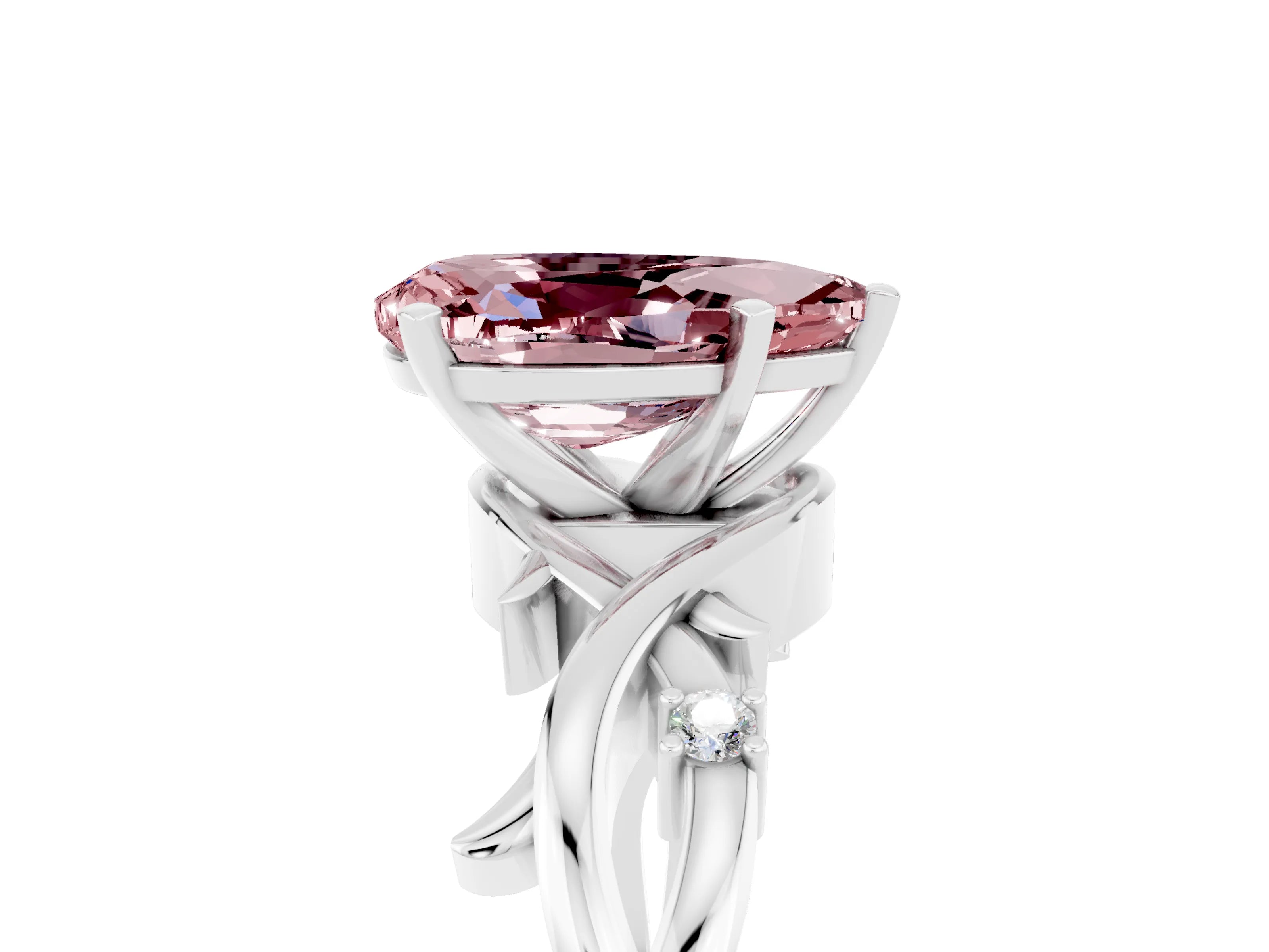 White gold Pear Cut Morganite Solitaire Ring with Twisted Band and Prong Setting_5