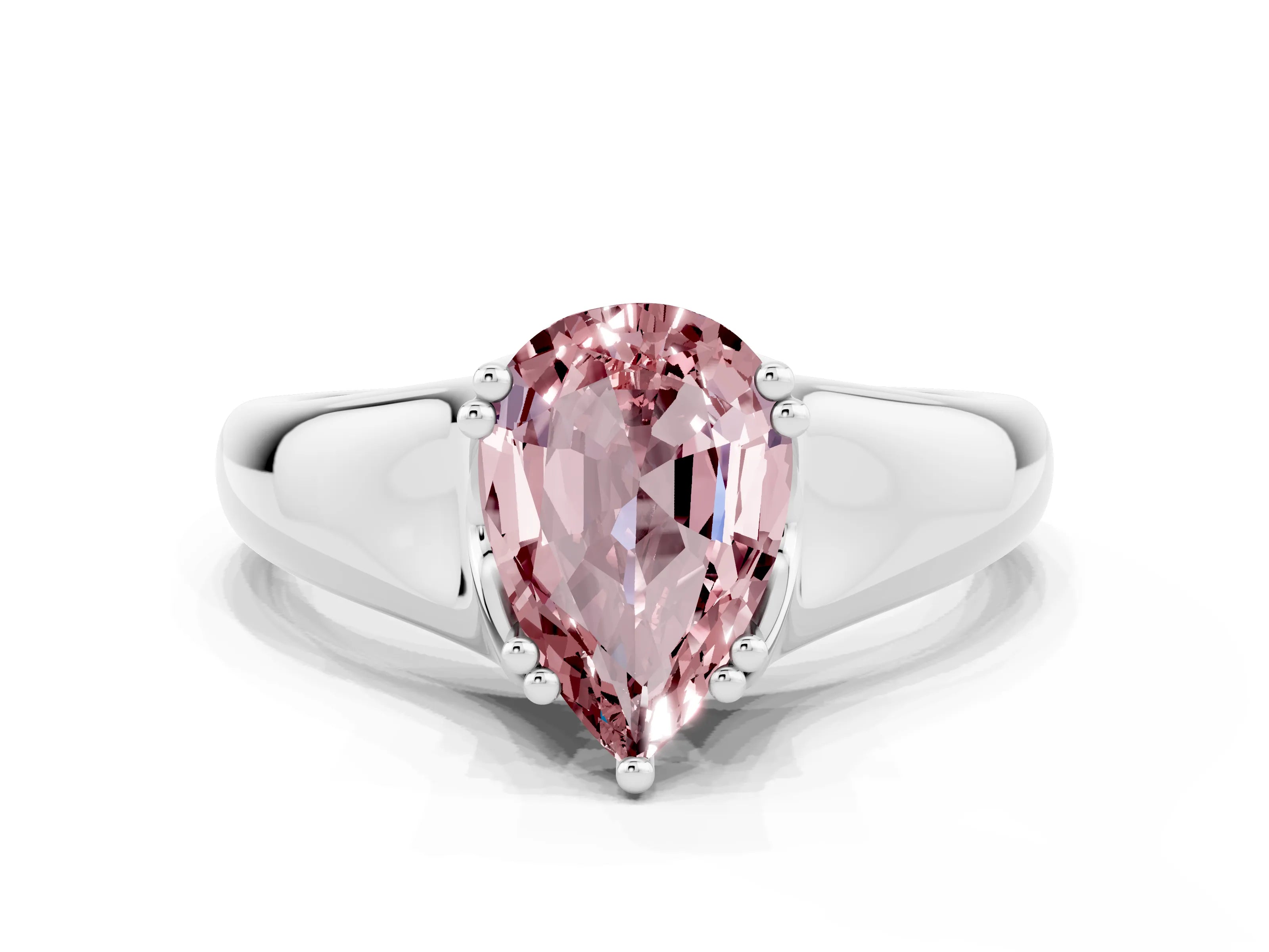 White gold Pear Cut Morganite Solitaire Ring with Wide Band and Prong Setting