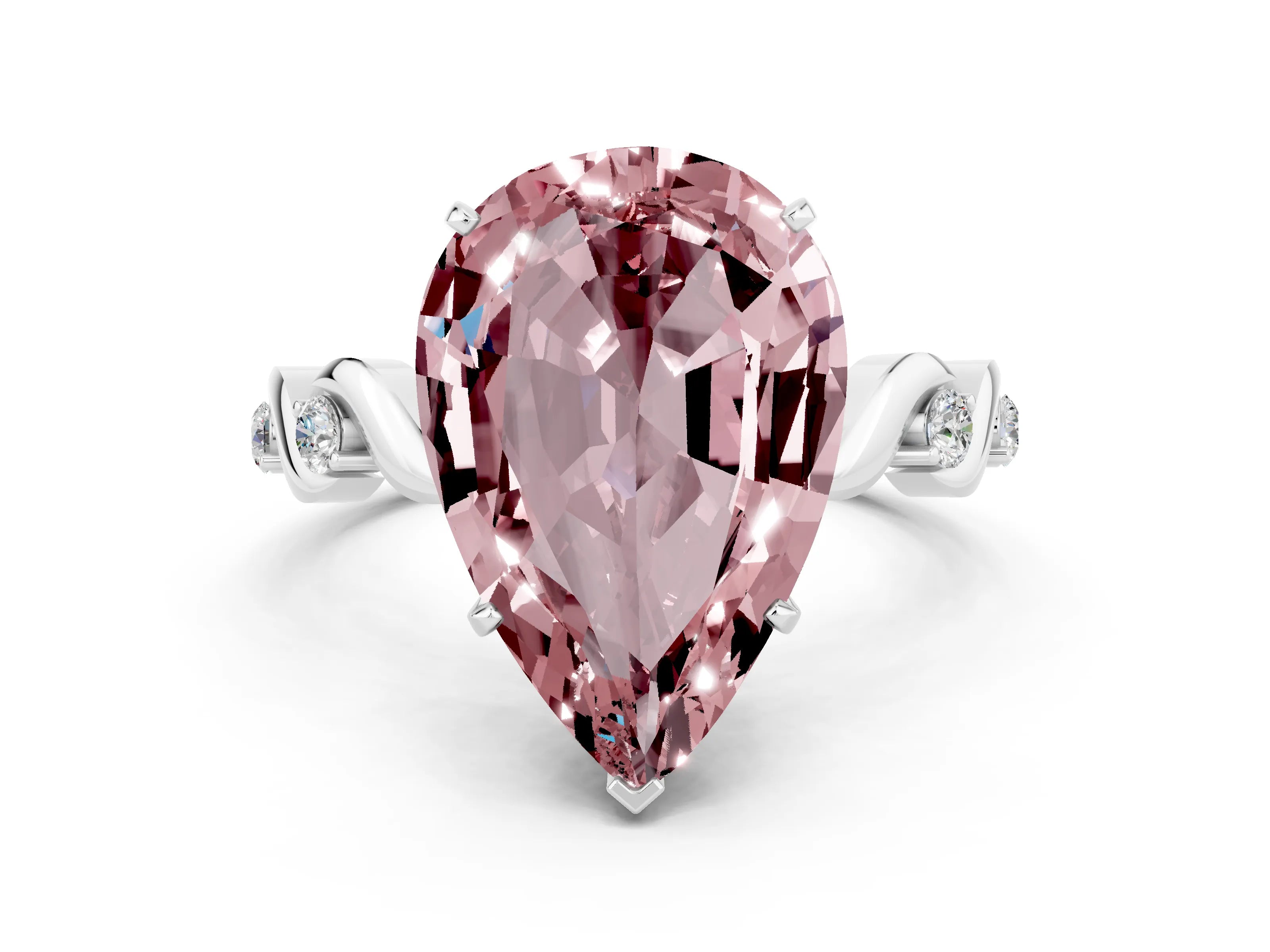 White gold Pear Cut Morganite Solitaire Twisted Band with Round  Accents and Prong Setting_12