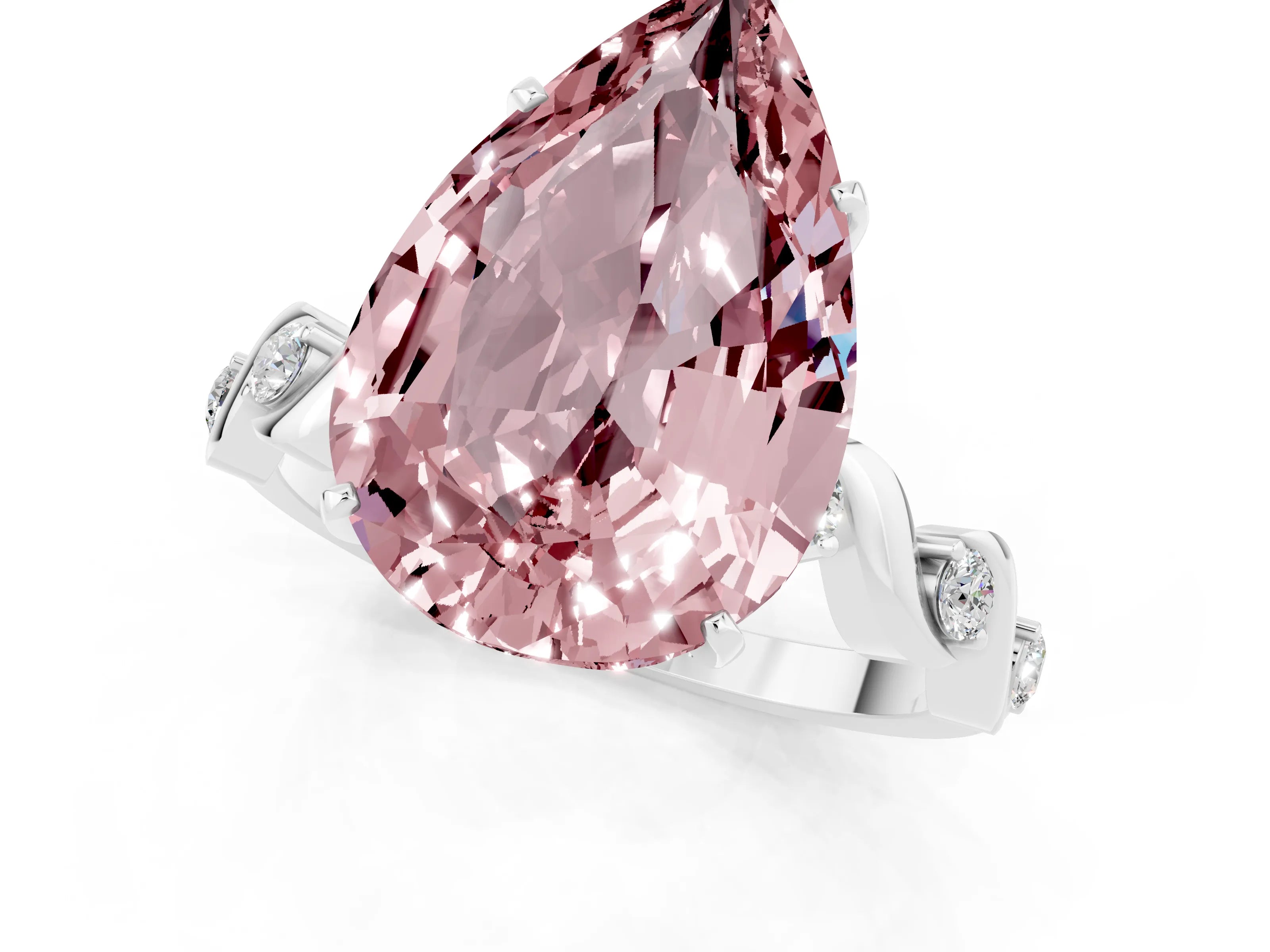 White gold Pear Cut Morganite Solitaire Twisted Band with Round  Accents and Prong Setting_13