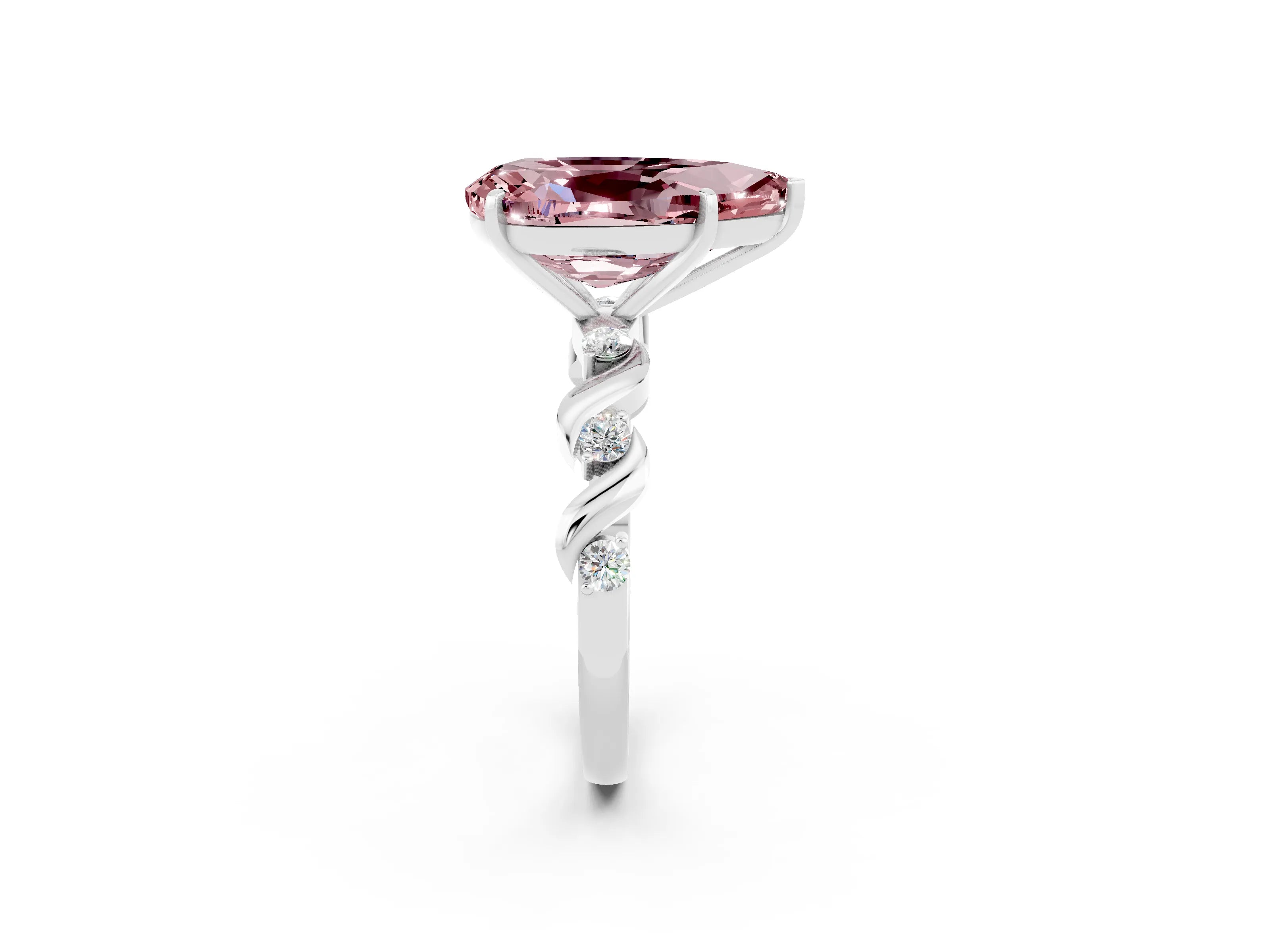 White gold Pear Cut Morganite Solitaire Twisted Band with Round  Accents and Prong Setting_14