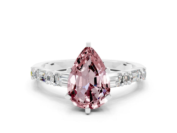Platinum Pear Cut Morganite Solitaire with Side Baguettes and Channel Set Band