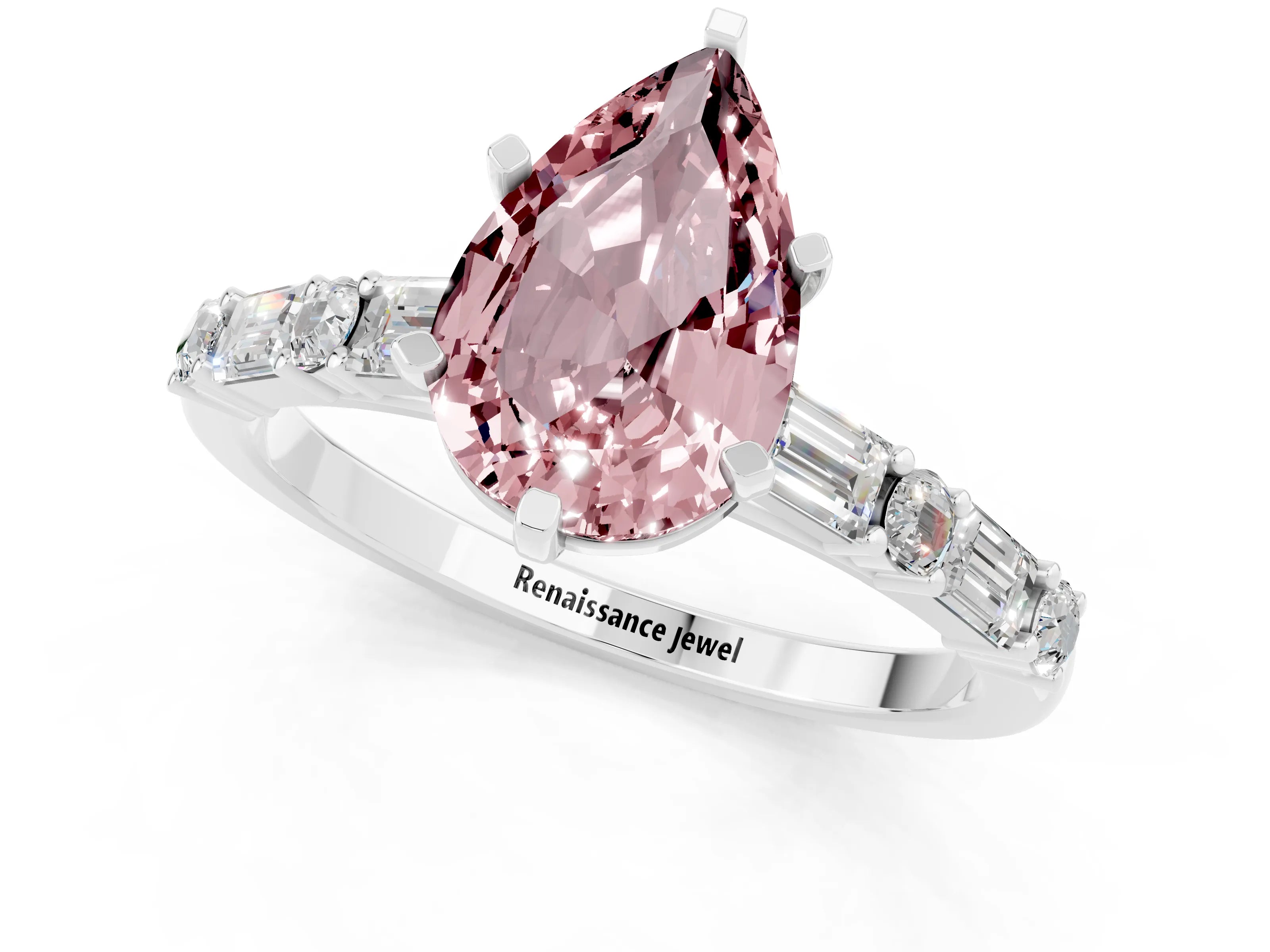 White gold Pear Cut Morganite Solitaire with Side Baguettes and Channel Set Band_1