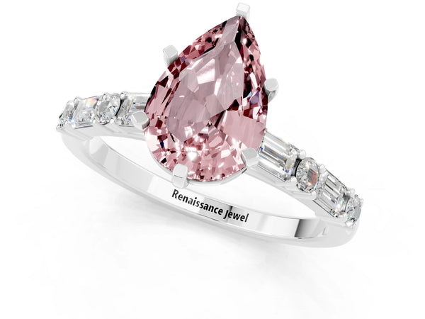 White gold Pear Cut Morganite Solitaire with Side Baguettes and Channel Set Band
