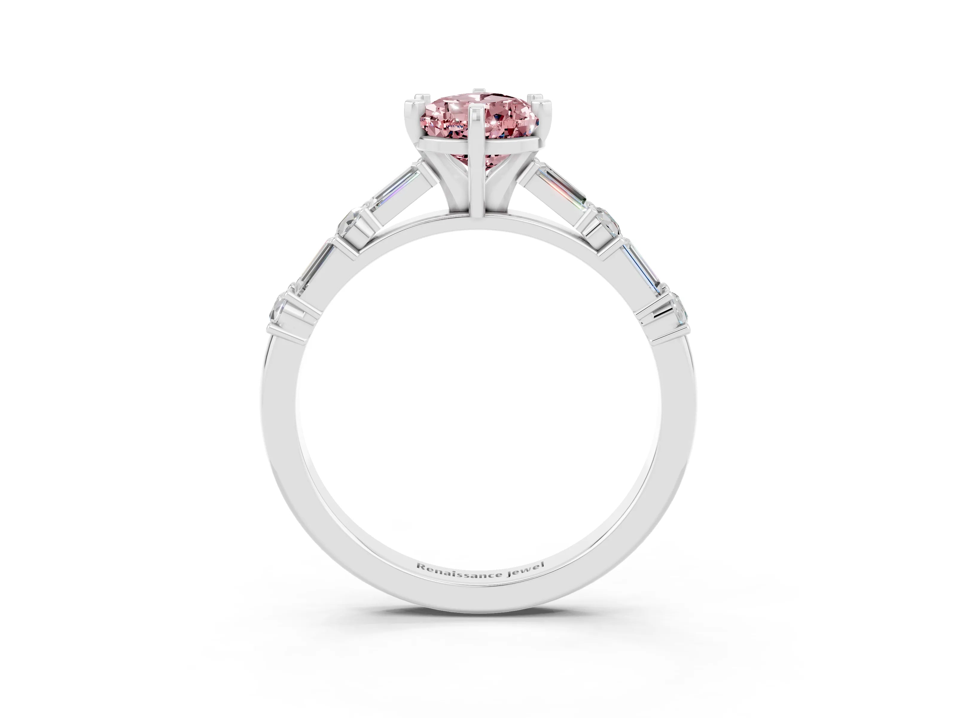 White gold Pear Cut Morganite Solitaire with Side Baguettes and Channel Set Band_3