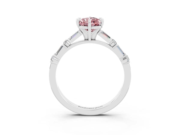 Silver Pear Cut Morganite Solitaire with Side Baguettes and Channel Set Band