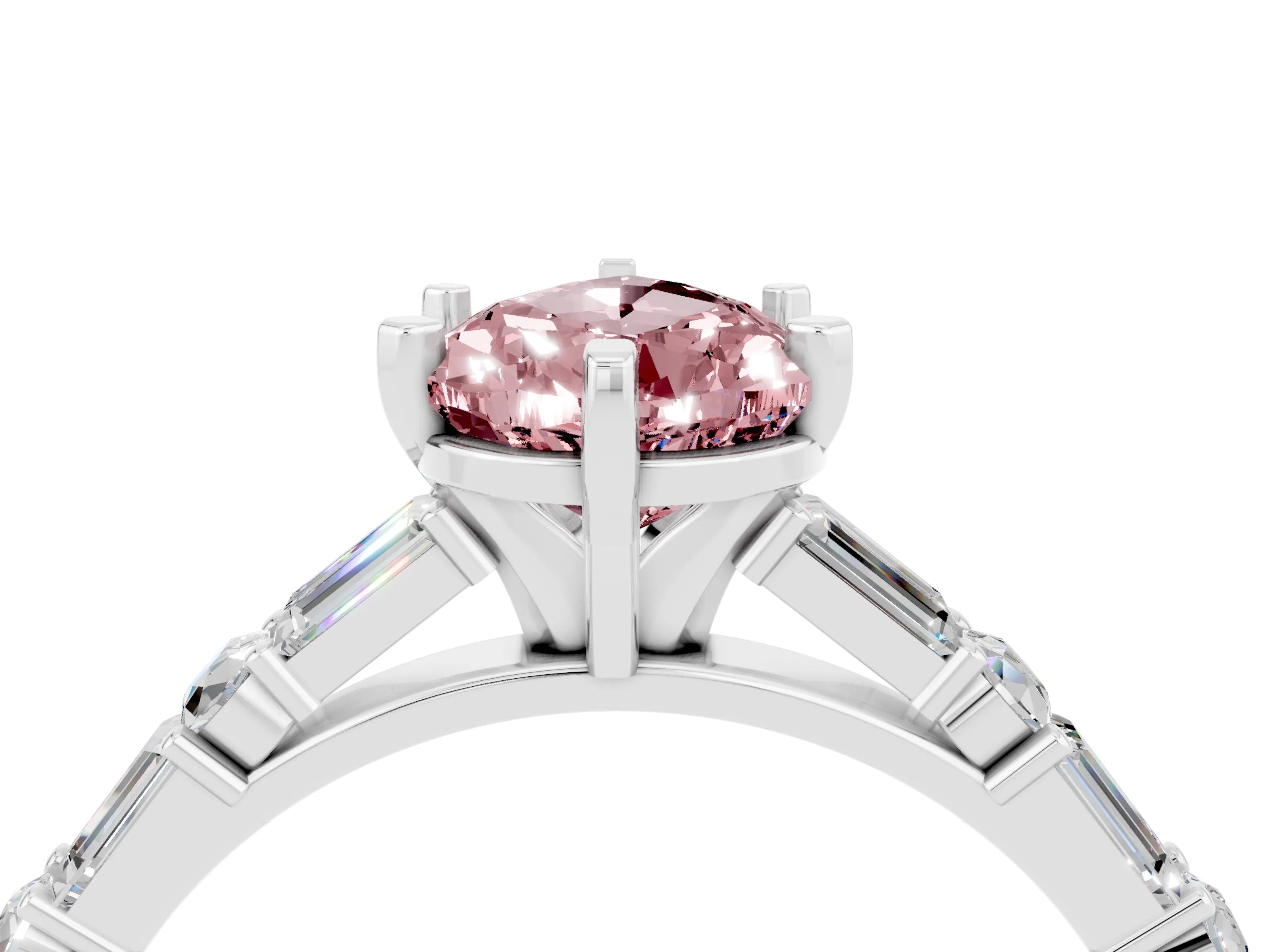 White gold Pear Cut Morganite Solitaire with Side Baguettes and Channel Set Band_4