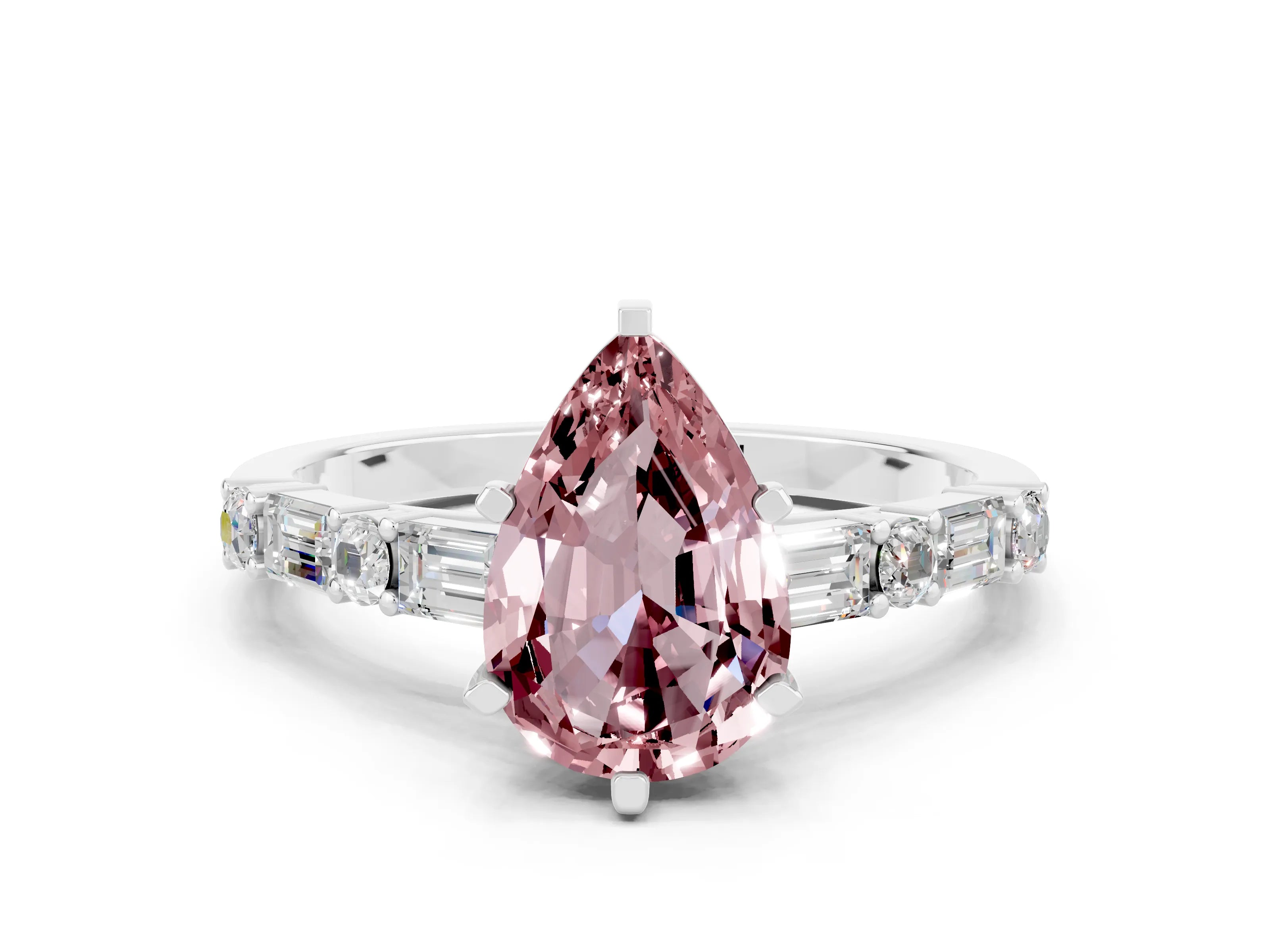 White gold Pear Cut Morganite Solitaire with Side Baguettes and Channel Set Band