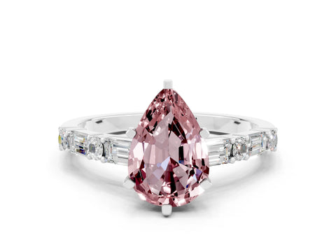 White gold Pear Cut Morganite Solitaire with Side Baguettes and Channel Set Band