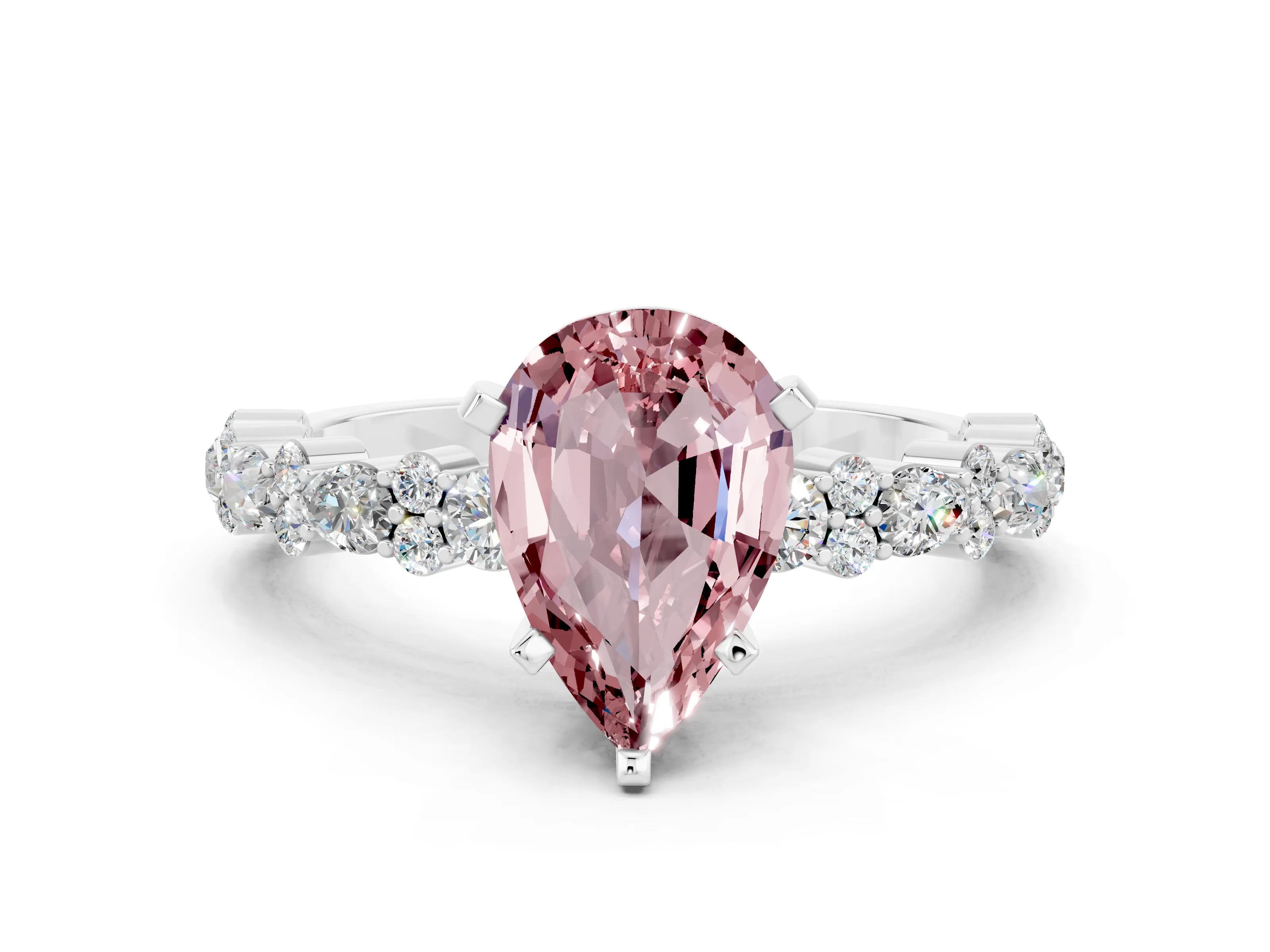 White gold Pear Cut Morganite Solitaire with Side Stones, Pave Band, Four-Prong Setting_36