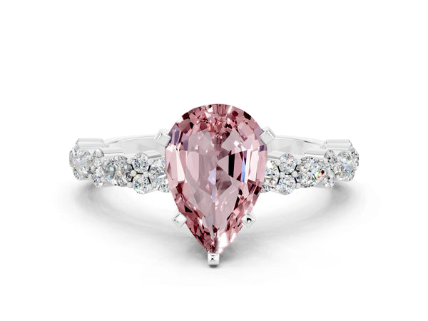 Platinum Pear Cut Morganite Side Stone Solitaire Ring with Round  and Four-Prong Setting