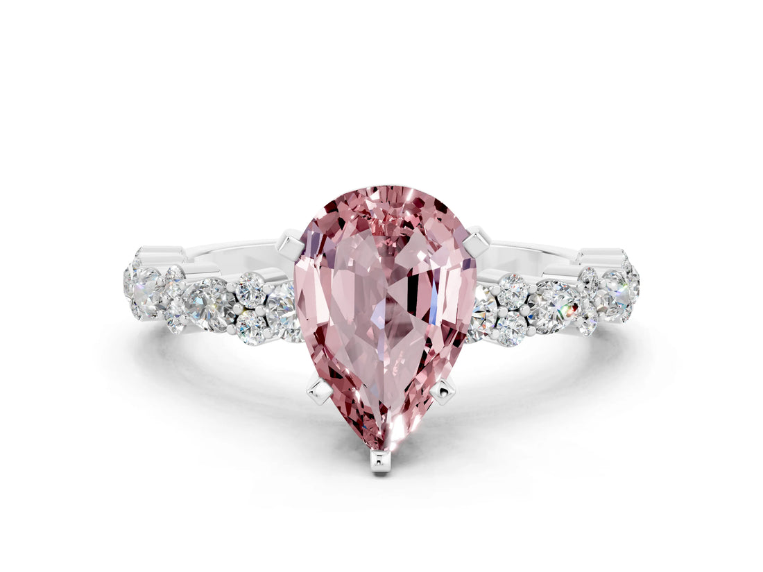 White gold Pear Cut Morganite Solitaire with Side Stones, Pave Band, Four-Prong Setting_36