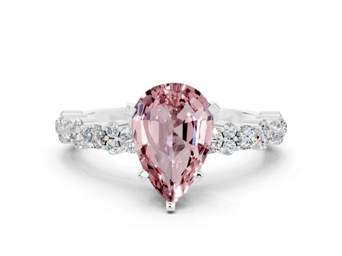 White gold Pear Cut Morganite Solitaire with Side Stones, Pave Band, Four-Prong Setting_36