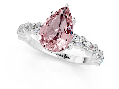 White gold Pear Cut Morganite Solitaire with Side Stones, Pave Band, Four-Prong Setting_37