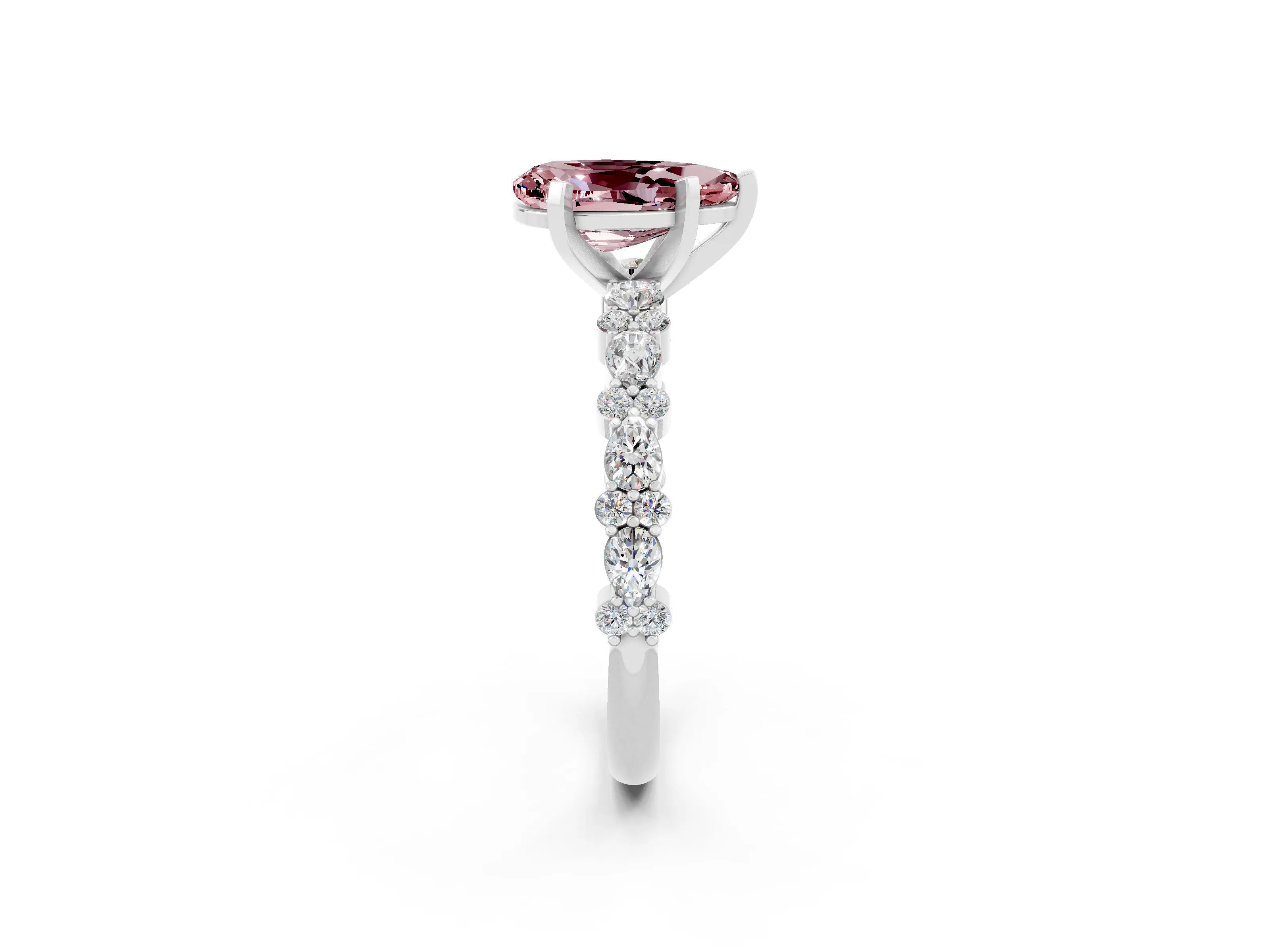White gold Pear Cut Morganite Solitaire with Side Stones, Pave Band, Four-Prong Setting_38