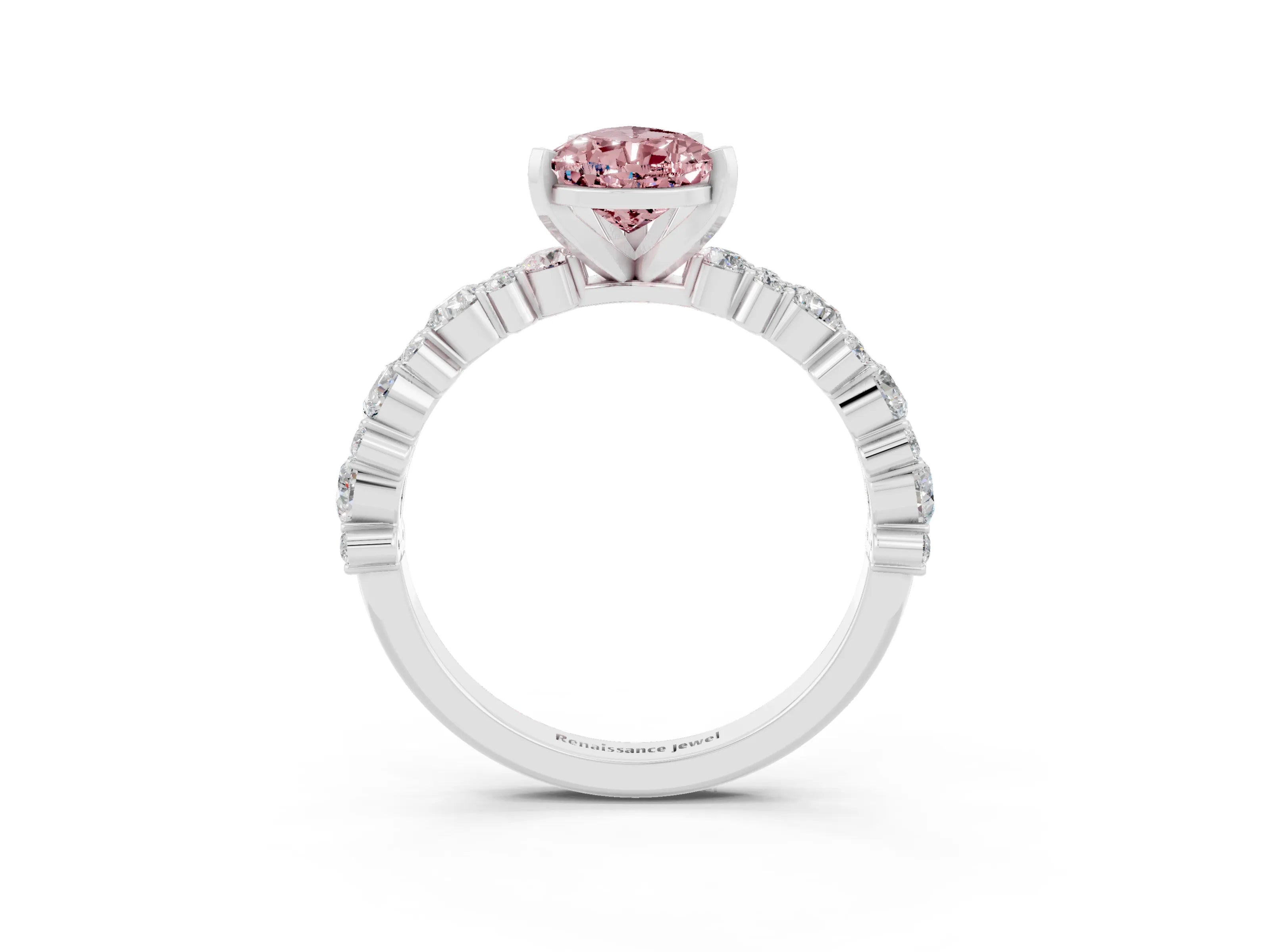 White gold Pear Cut Morganite Solitaire with Side Stones, Pave Band, Four-Prong Setting_39
