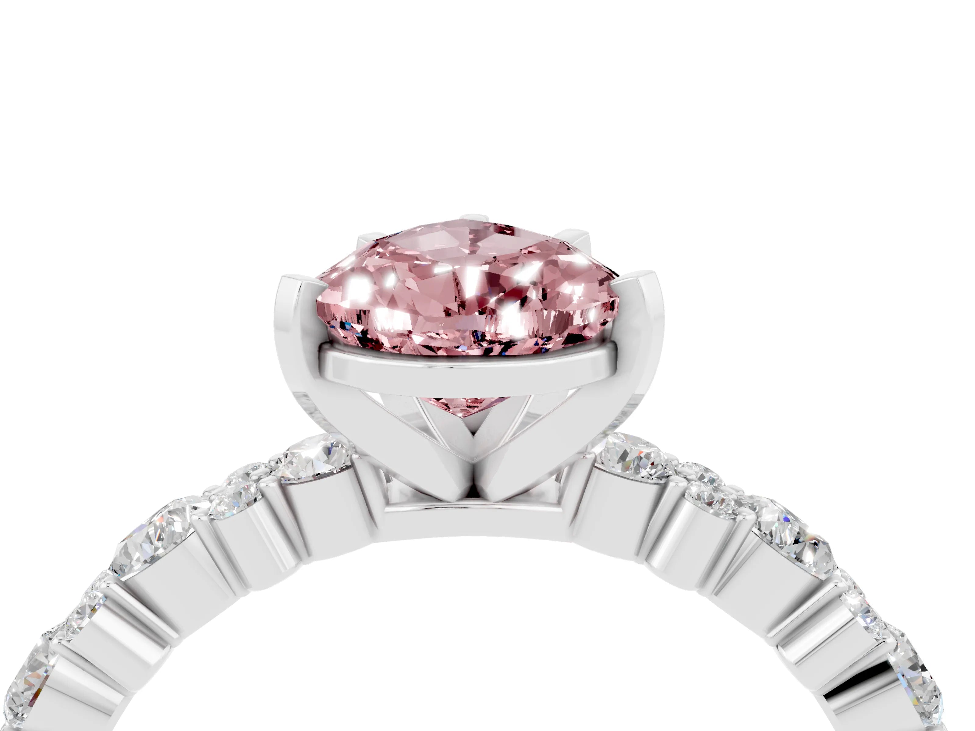 White gold Pear Cut Morganite Solitaire with Side Stones, Pave Band, Four-Prong Setting_40