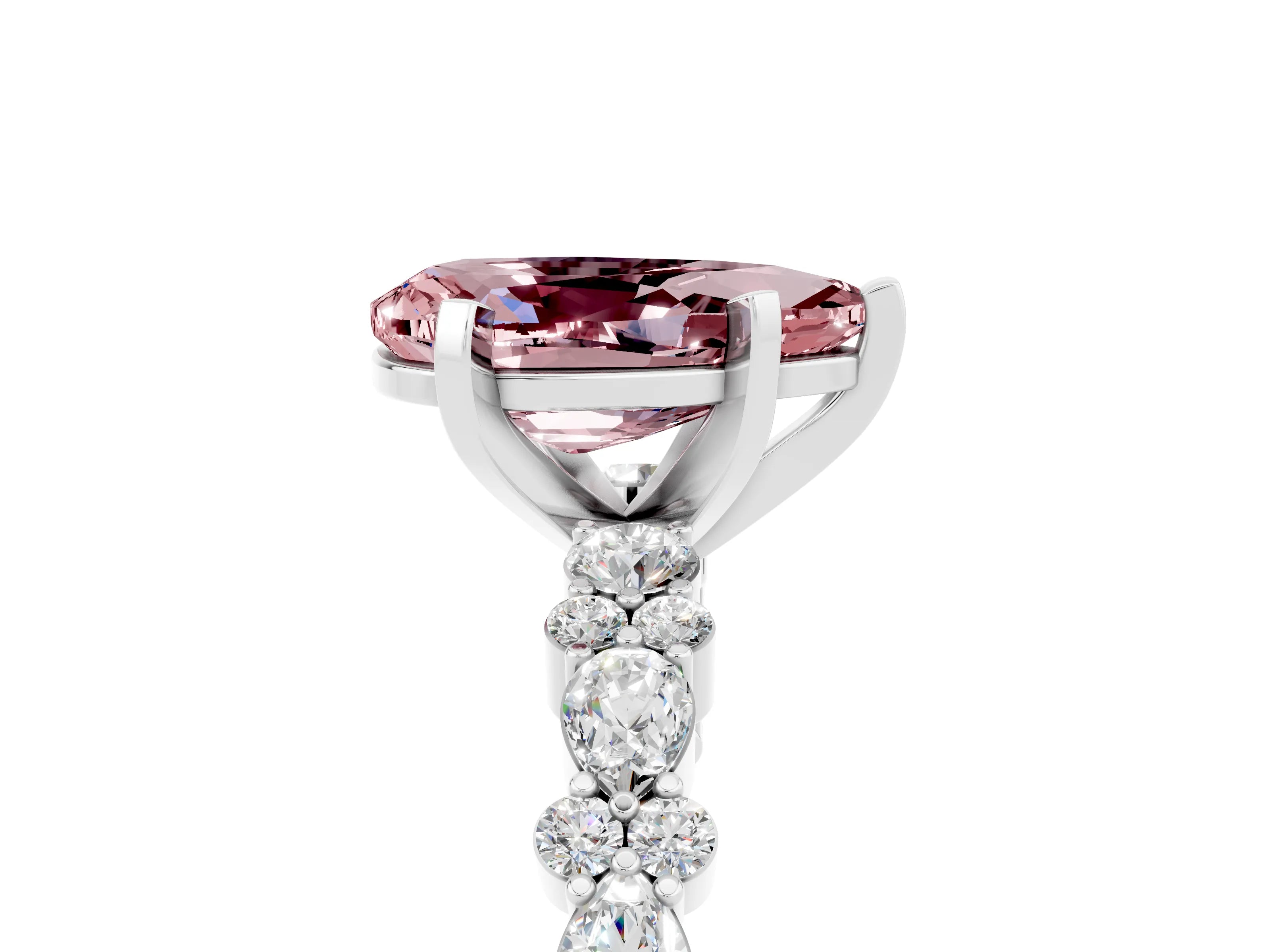 White gold Pear Cut Morganite Solitaire with Side Stones, Pave Band, Four-Prong Setting_41