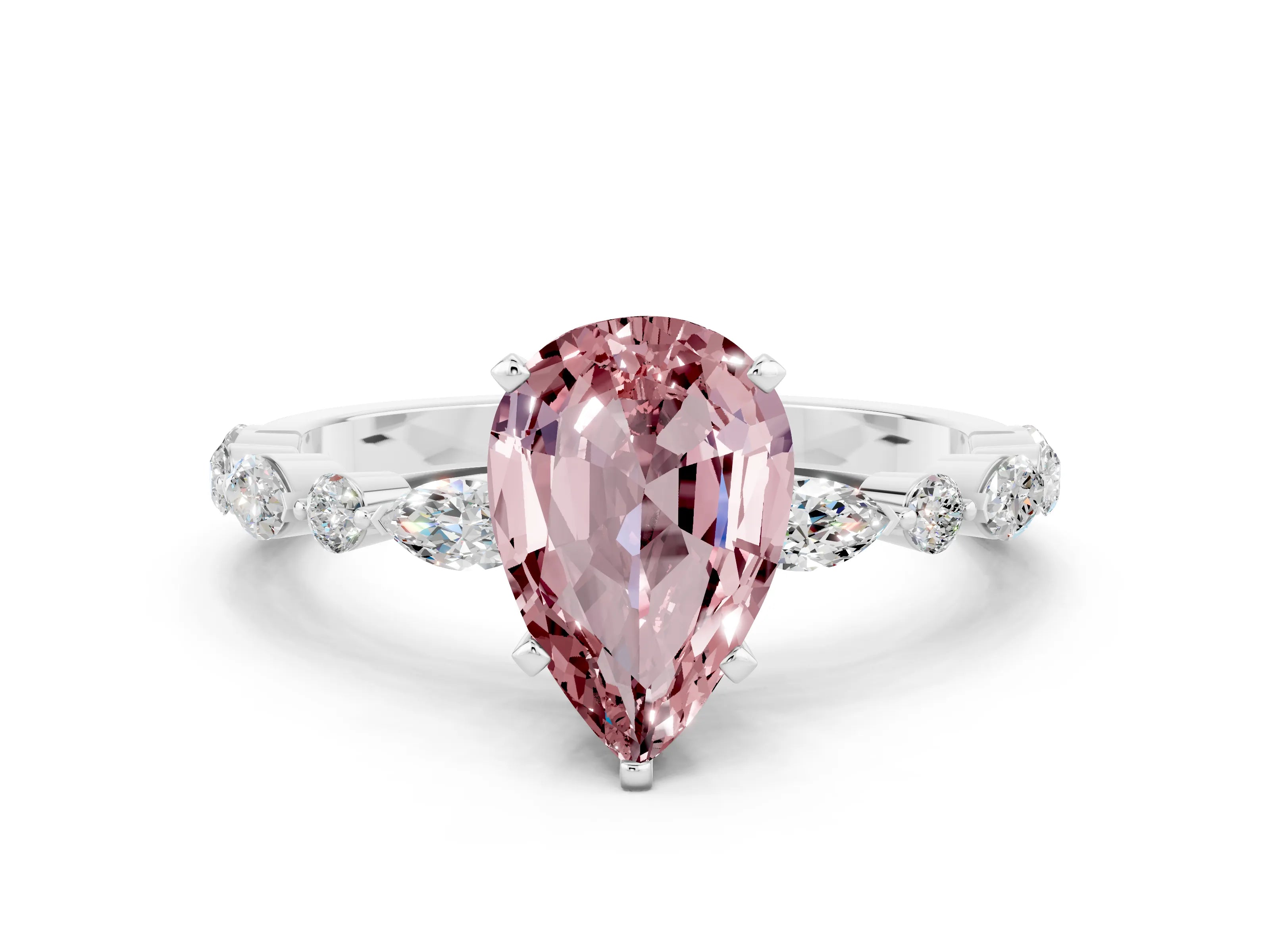 White gold Pear Cut Morganite Solitaire with Side Stones on a Pavé Band and Four-Prong Setting