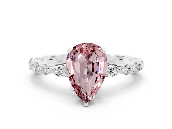 Platinum Pear Cut Morganite Ring with Marquise and Round  Side Stones and Four-Prong Setting