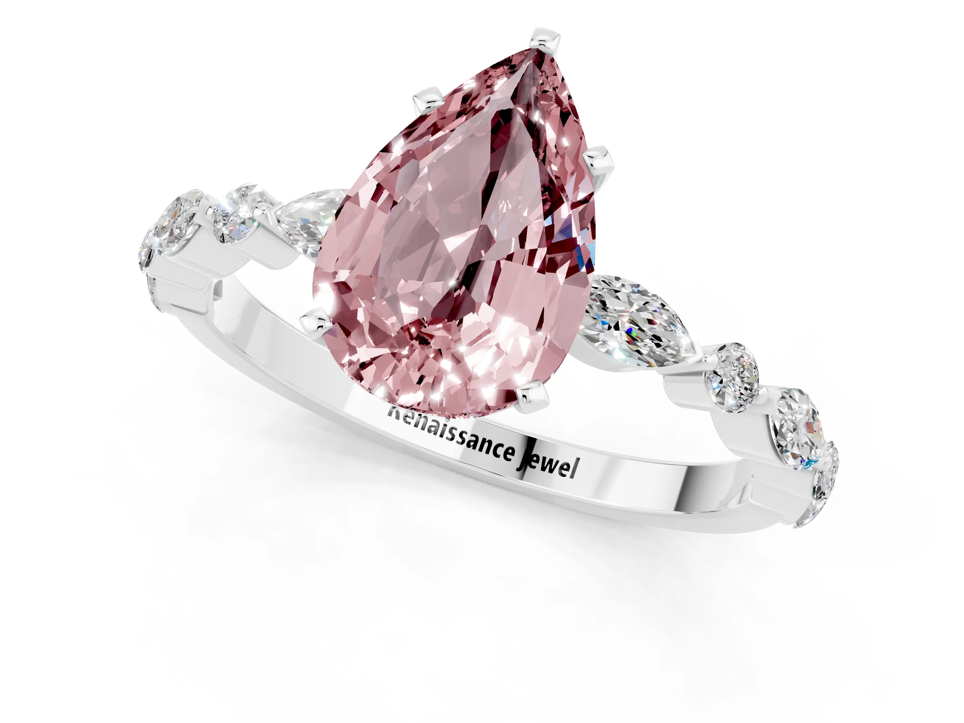 White gold Pear Cut Morganite Solitaire with Side Stones on a Pavé Band and Four-Prong Setting_1