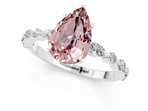 White gold Pear Cut Morganite Solitaire with Side Stones on a Pavé Band and Four-Prong Setting_1