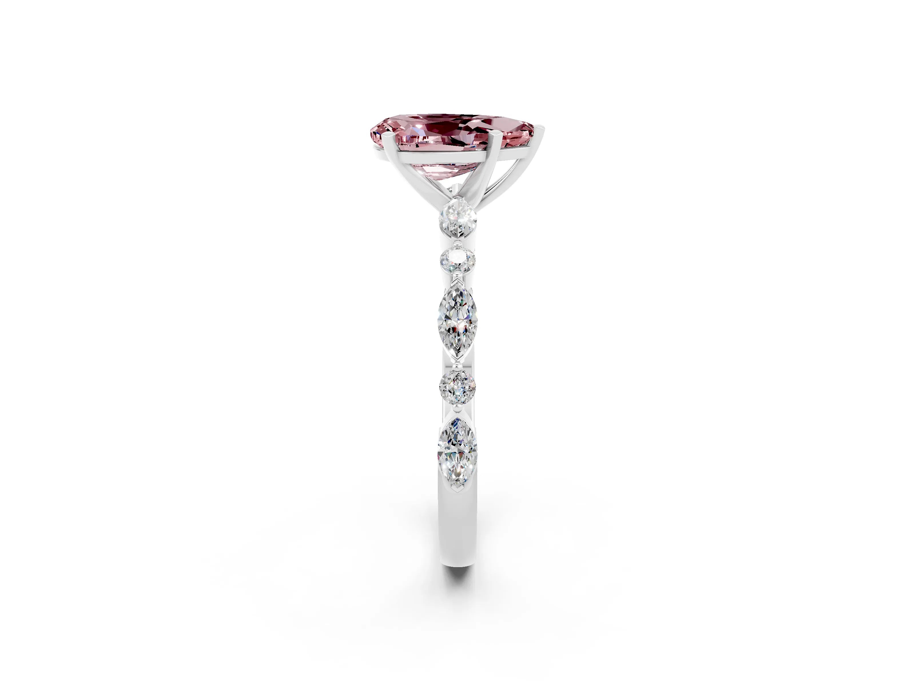 White gold Pear Cut Morganite Solitaire with Side Stones on a Pavé Band and Four-Prong Setting_2