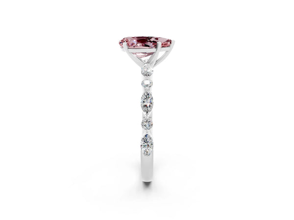 White gold Pear Cut Morganite Ring with Marquise and Round  Side Stones and Four-Prong Setting