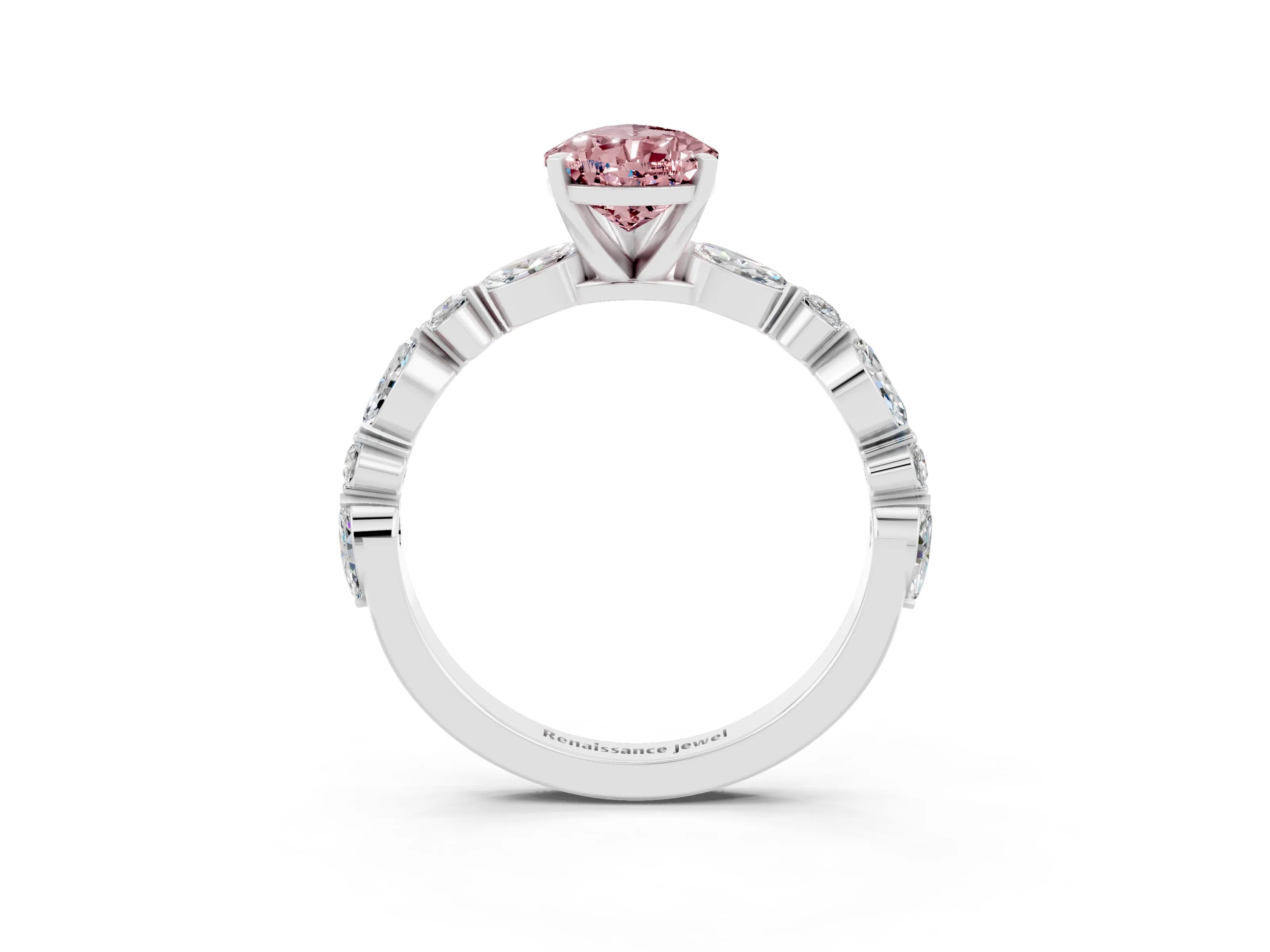 White gold Pear Cut Morganite Solitaire with Side Stones on a Pavé Band and Four-Prong Setting_3