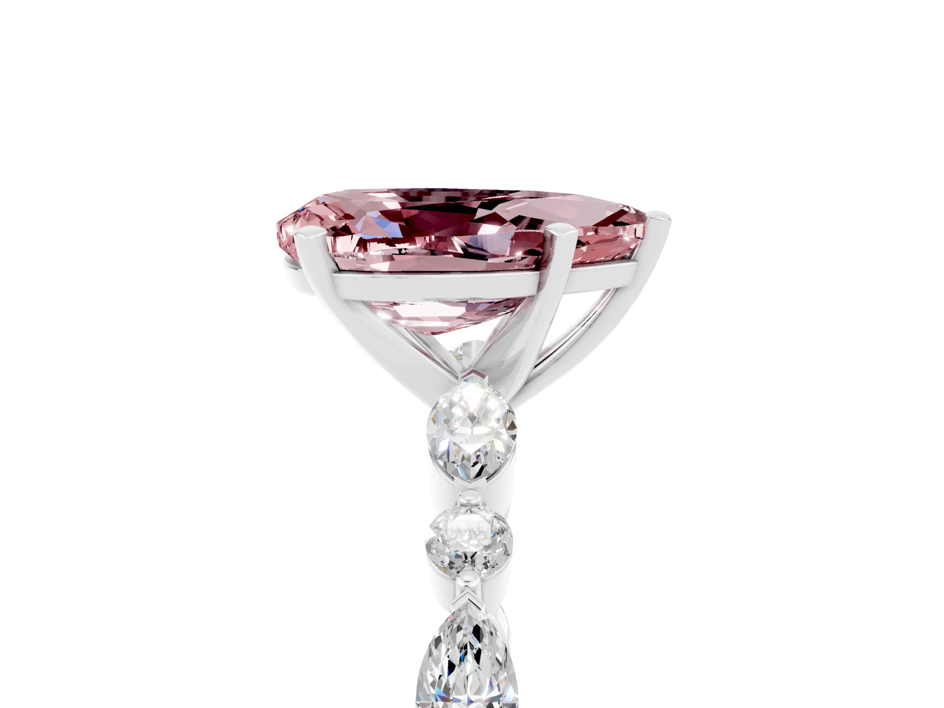 White gold Pear Cut Morganite Solitaire with Side Stones on a Pavé Band and Four-Prong Setting_5
