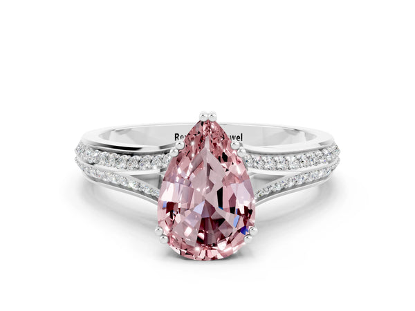 Platinum Pear Cut Morganite Split Shank Engagement Ring with Pavé Band