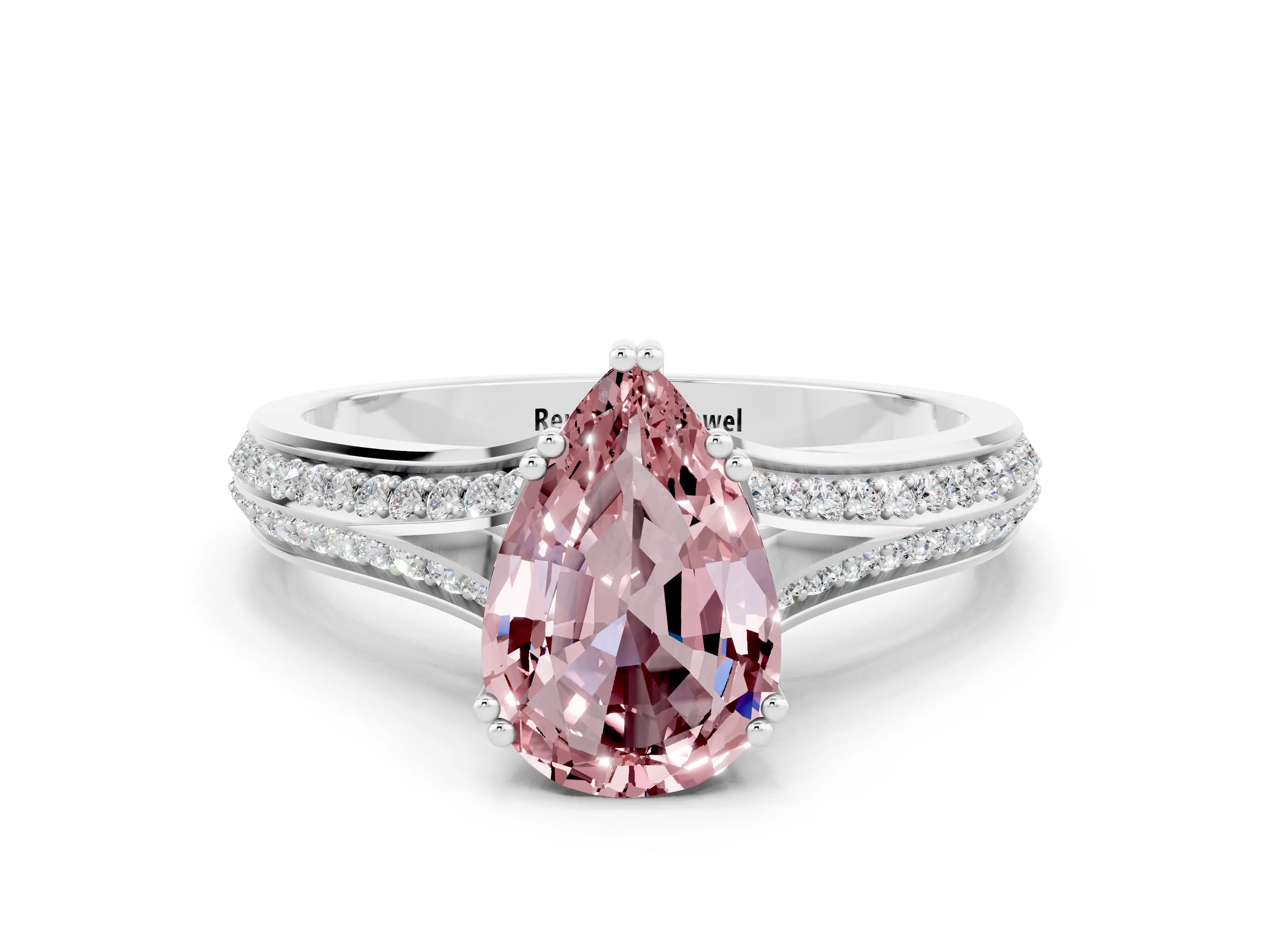 White gold Pear Cut Morganite Split Shank Engagement Ring with Pavé Band