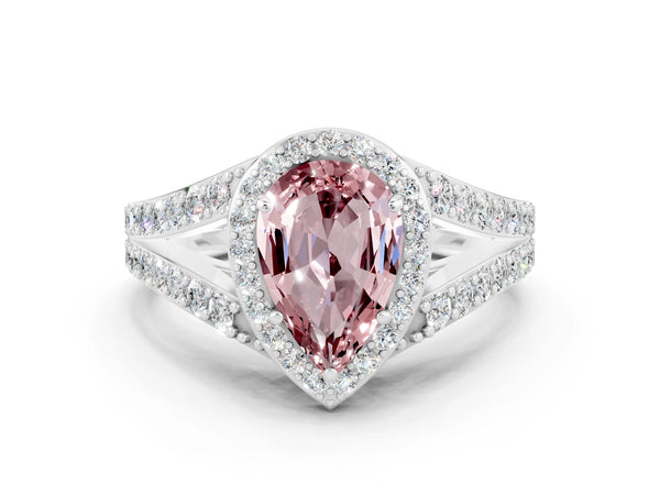 Silver Pear Cut Morganite Split Shank Halo Ring with Four-Prong Setting
