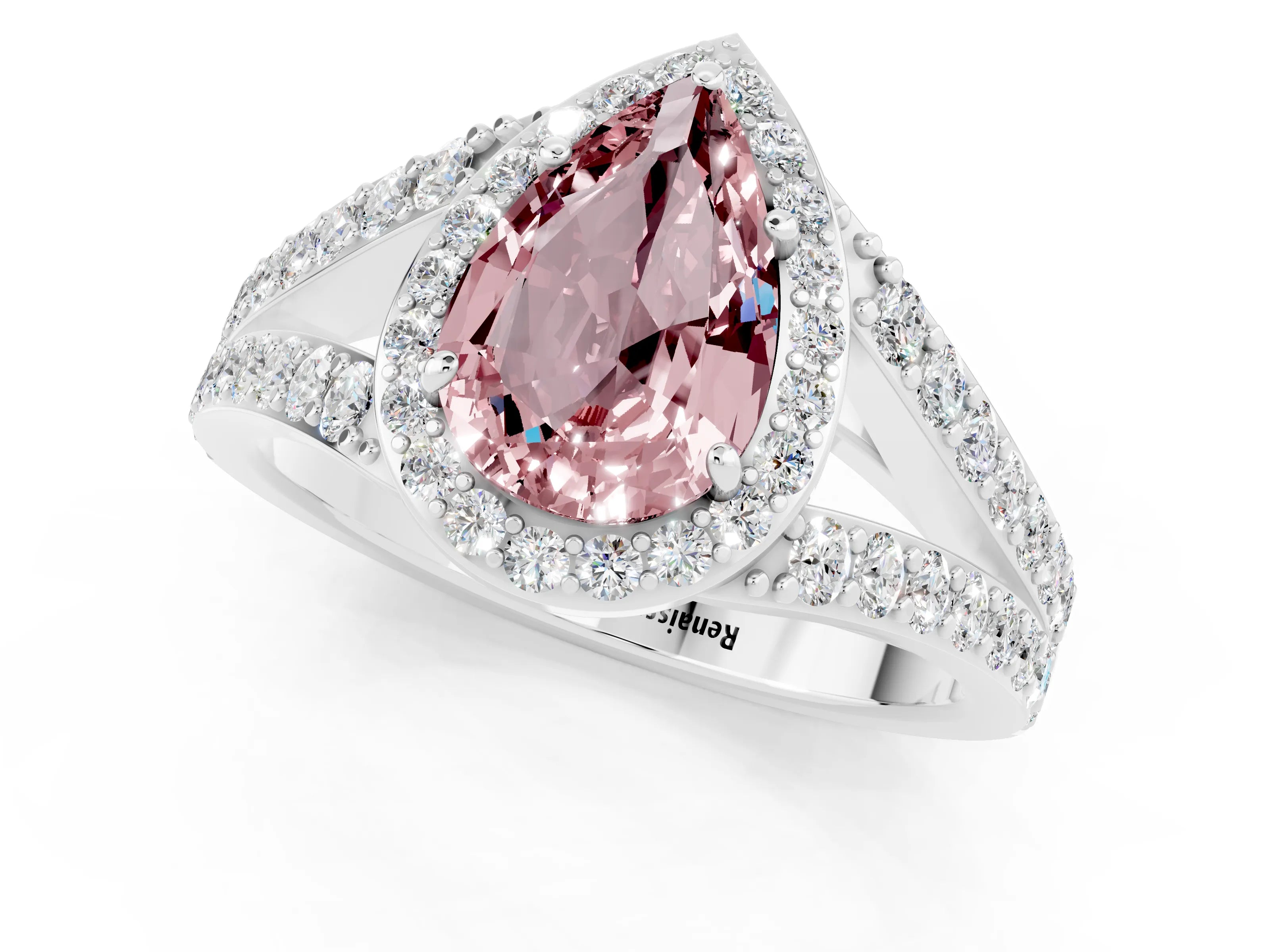 White gold Pear Cut Morganite Split Shank Halo Ring with Four-Prong Setting_13