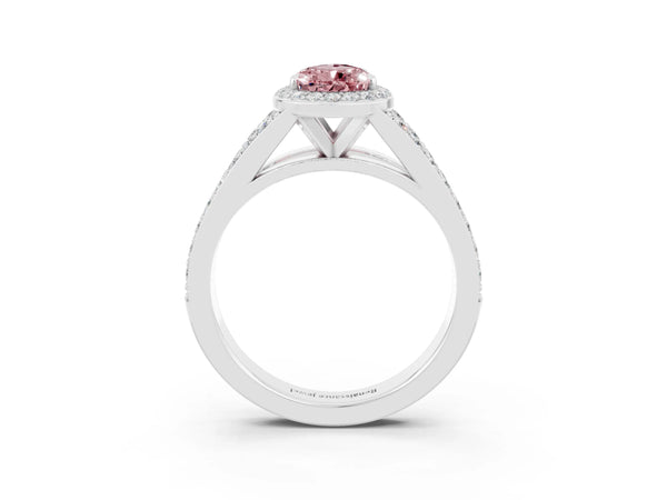 Platinum Pear Cut Morganite Split Shank Halo Ring with Four-Prong Setting